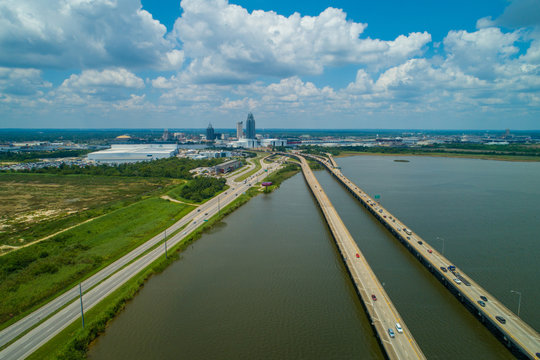 Aerial image bridges leadding to Downtown Mobile Alabama