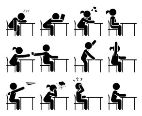 School days. School children. The students sit in the classroom and listen to the lessons. Pictogram icon set.