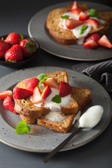french toasts with yogurt and strawberries for breakfast
