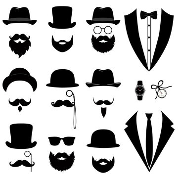 Men's tuxedo. Mustache, glasses, beard, pipe and top hat. 