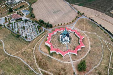 Aerial view of the pilgrimage Church of St. John of Nepomuk at Zelena hora in Žďár nad Sázavou, Czech Republic, Europe from ultralight plane