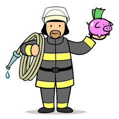 Feuerwehrmann im Einsatz mit Sparschwein