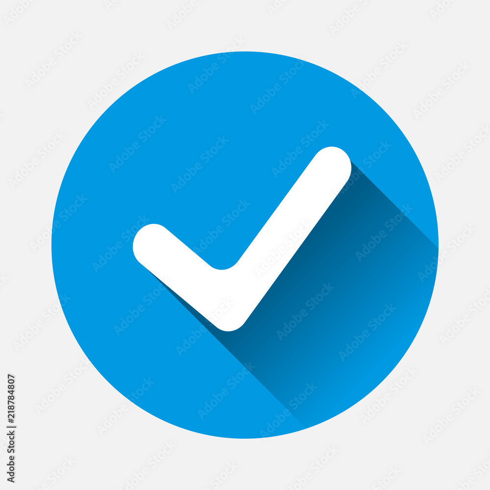 Poster vector icon check on blue background. flat image mark with long shadow. layers grouped for easy edit