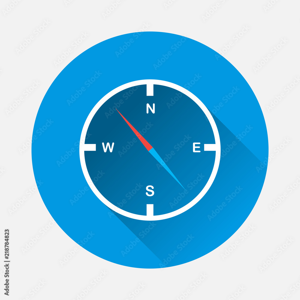 Poster vector compass icon on blue background. flat image compass with long shadow. layers grouped for easy