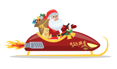 Funny cute Santa Claus riding in the sleighs