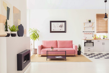 Poster on white wall above pink couch in flat interior with kitchenette and fireplace. Real photo