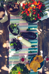 Preparing for the summer lunch in garden / Colorful richly served dining table. Healthy lifestyle concept. Flat lay, directly above view