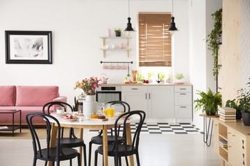 Black chairs at dining table in open space interior with poster above pink sofa and plants. Real...