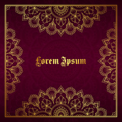 Greeting card, invitation or flyer template with golden mandala ornament. Hand drawn vector illustration