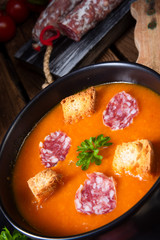 Hungarian paprika cream soup with spicy sausage