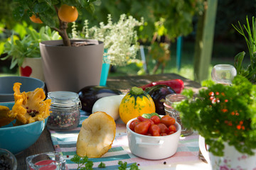 Preparing for the summer lunch in garden / Colorful richly served dining table. Healthy lifestyle concept.