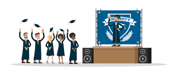 Young happy people on graduation day throwing hats