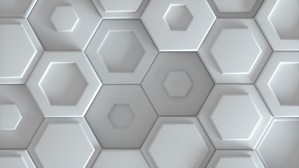 Hexagonal geometric background. Abstract structure of lots of different height hexagons. Creative honeycomb surface. Top view. Cell elements pattern. 3d rendering