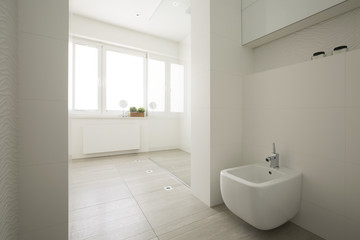 Fototapeta na wymiar Toilet in white spacious bathroom interior with windows. Real photo