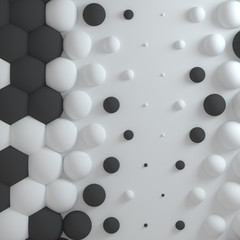 Background with set of hexagons turning into a spheres on white plane. Creative honeycomb geometric structure with balls. Cell elements. Abstract structure. 3d rendering