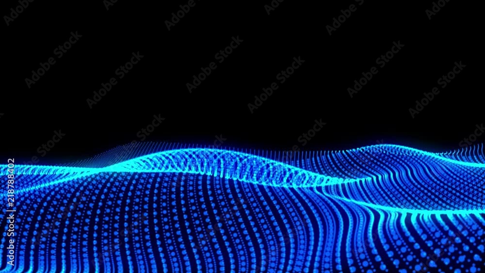 Poster blue wireframe landscape flickering moving particle graphic animation background