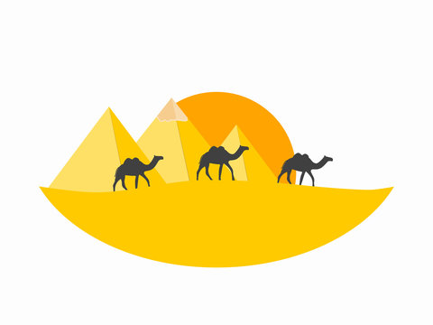 Caravan camels against over pyramids. Egyptian pyramids in the desert. Vector illustration