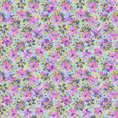 watercolor illustration of violet flowers, seamless pattern for printing fabric, textiles, wallpaper, packaging