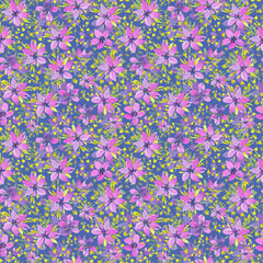 watercolor illustration of violet flowers, seamless pattern for printing fabric, textiles, wallpaper, packaging