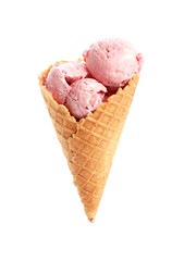 Waffle cone with delicious strawberry ice-cream on white background