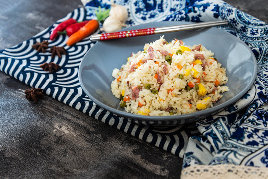 Cantonese fried basmati rice with ham and eggs