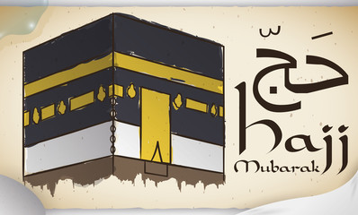 Scroll with Kaaba, Ihram Cloth, Stone and Water for Hajj, Vector Illustration