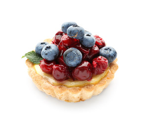 Delicious tart with berries on white background
