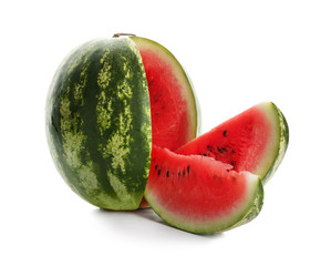 Ripe watermelon with slices on white background