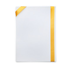 Blank paper card with yellow ribbons on white background
