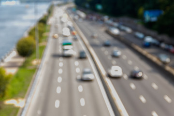 Blurred abstract background of traffic cars on the multi lane highway during rush hour