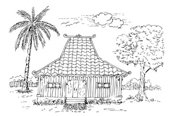 simple sketch of Traditional Joglo House, central java, indonesia
