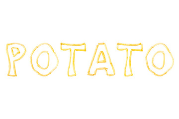 The word POTATO made with pieces of fried French fries isolate on a white background