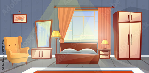 Vector Cartoon Interior Of Cozy Bedroom With Window Living Vector Cartoon Interior Of Cozy Bedroom With Window Living Apartment Furniture Double Bed