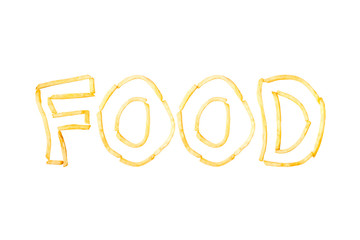 The word FOOD made with pieces of fried French fries isolate on a white background