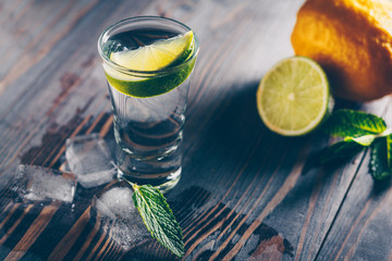 Cold glass of vodka on a table surrounded by citrus, bar