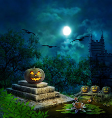 Halloween pumpkins in yard of old house night in  moonlight