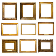 Obraz premium Set of picture gold wooden frame for design on isolated background