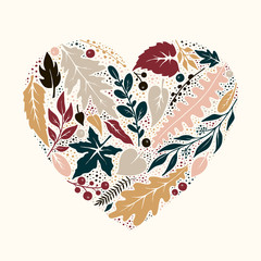 Heart made of hand-drawn leaves silhouettes
