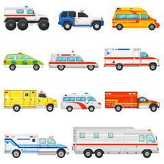 Emergency vehicle vector ambulance transport and service truck illustration set of rescue cmedical car and minibus or van isolated on white background