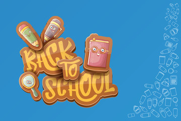 Back to school vector horizntal background template or banner with funny cartoon supplies like pencil ,book, bag, eraser and space for text. Vector back to school label