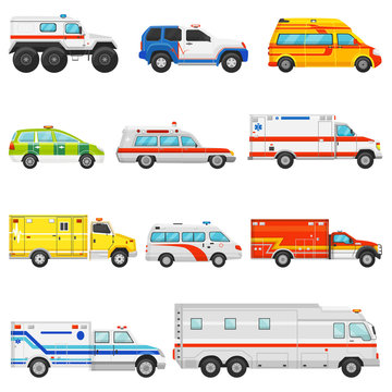 Emergency vehicle vector ambulance transport and service truck illustration set of rescue cmedical car and minibus or van isolated on white background
