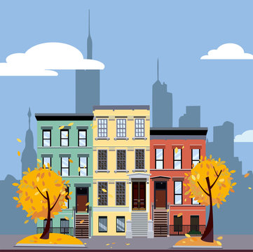 Multicolored multi-party cozy houses on background of skyscrapers of business center of city. Flat cartoon vector illustration of Autumn city landscape. Street cityscape with yellow leaves.