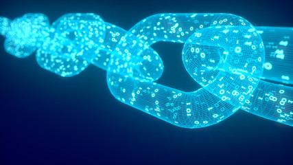 Block chain. Crypto currency. Blockchain concept. 3D wireframe chain with digital code. Cryptocurrency template. Stock illustration.