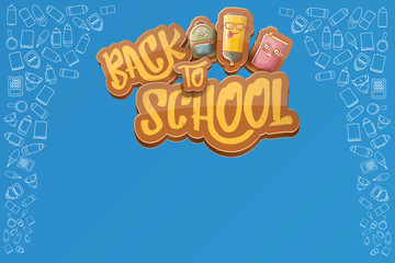 Back to school vector horizntal background template or banner with funny cartoon supplies like pencil ,book, bag, eraser and space for text. Vector back to school label