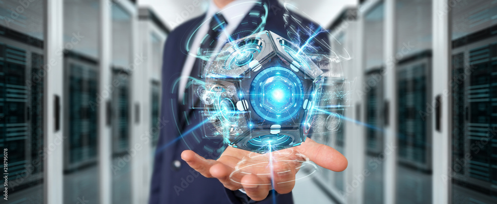 Poster businessman using futuristic drone security camera 3d rendering