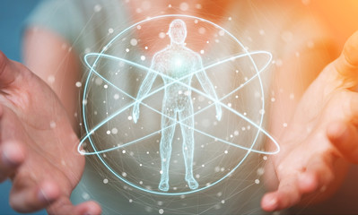 Businesswoman using digital x-ray human body scan interface 3D rendering