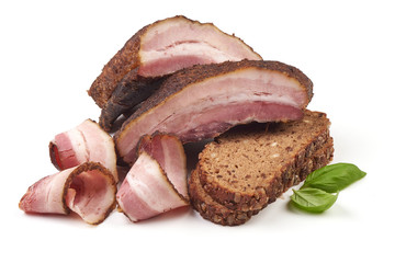 Smoked rustic farmer meat with slices, isolated on white background.