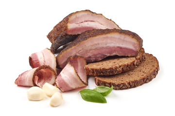 Smoked rustic farmer meat with slices, isolated on white background.