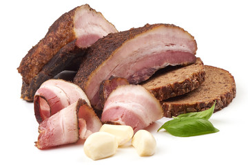 Smoked rustic farmer meat with slices, isolated on white background.
