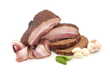 Smoked rustic farmer meat with slices, isolated on white background.